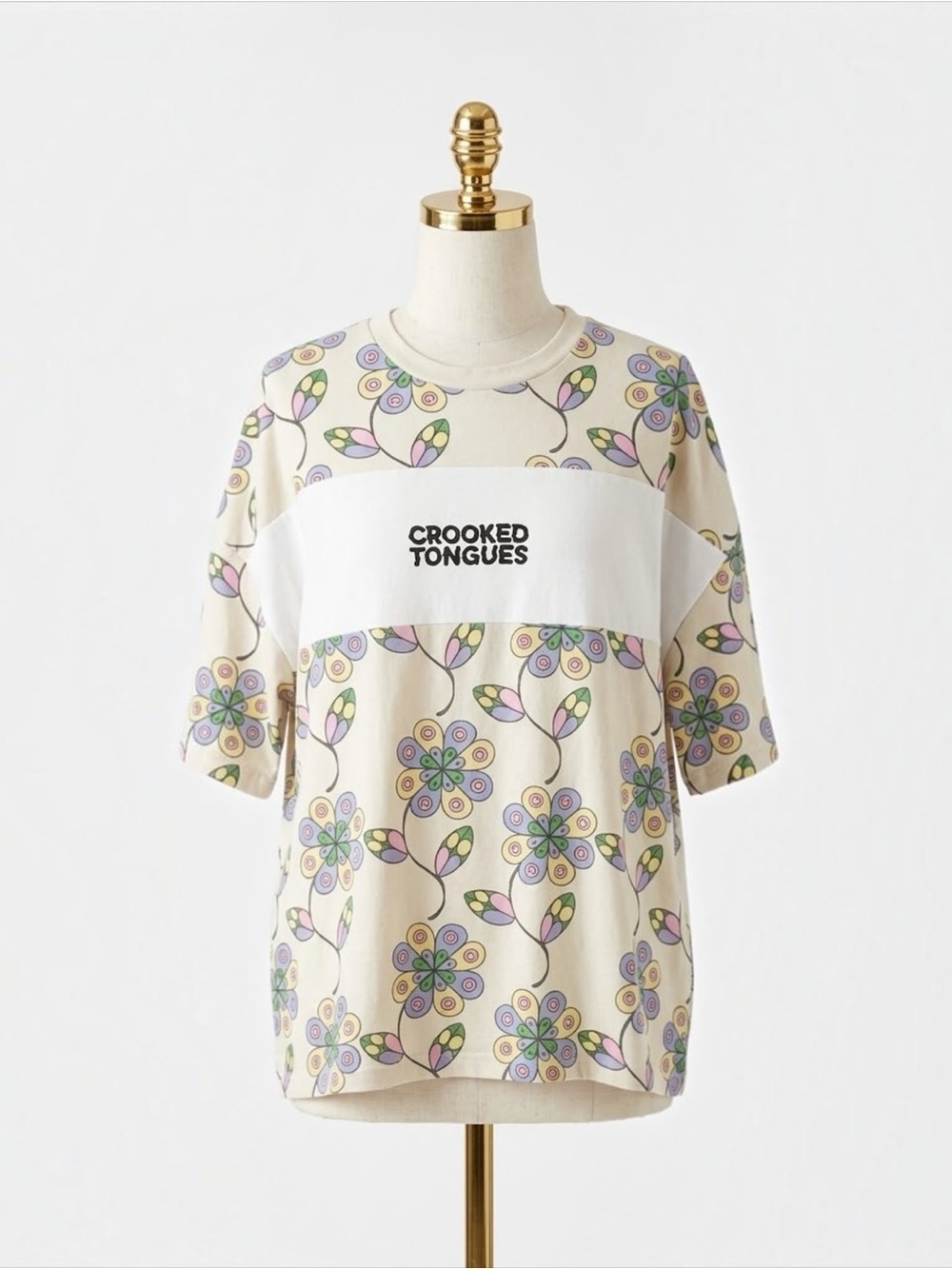 Crooked Tongues Floral Smiley Graphic Tee Streetwear Oversized Retro Ecru Top 2X